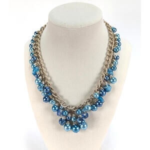 Vintage Blue Bead Necklace Statement Collar Gold Tone Braid Chain Chunky 17"